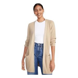 Old Navy Long Line Cardigan Sweater Oatmeal Heather Ribbed Knit Open Front M Tal
